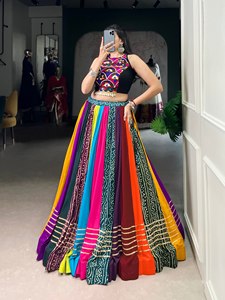 Designer Printed Design With Gota Patti Detailing And Mirror Work Rayon Navratri Special Lehenga Choli Ready To Wear <b>Set</b> - Product Image 6