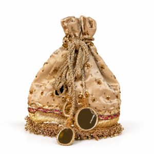 <b>Gold</b> Beaded Potli <b>Bag</b> with Drawstring Closure and Tassels for Wedding and Party Occasions - Product Image 5
