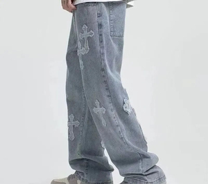 Jean cargo en denim bleu clair pour homme, coupe ample, poches, style streetwear décontracté, hip-hop, délavé - Product Image 6