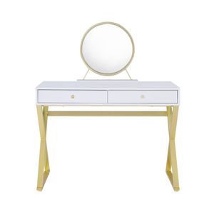 Rectangular White and Gold <b>Vanity</b> Desk with <b>Mirror</b> and Jewelry Tray Perfect Makeup <b>Vanity</b> - Product Image 1