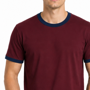 T-shirt Ringer Homme Best-seller à Logo, Bicolore Bordeaux avec Bordure Contrastante, Manches Courtes, Coupe Slim, Décontracté, Uni, Style Sport - Product Image 3