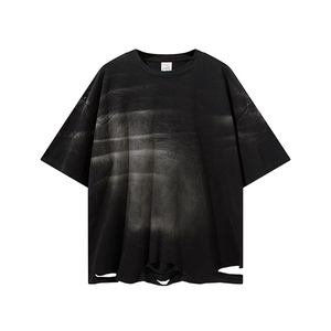 Men Oversized Washed T Shirt Vintage Gradient Fade Tee Casual Streetwear Loose Fit <b>Distressed</b> Fashion <b>Top</b> - Product Image 2