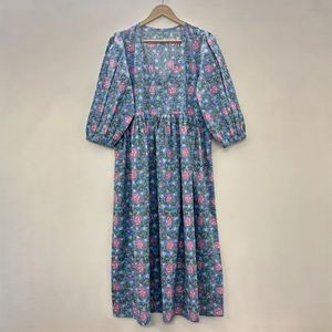 เดรสผ้าฝ้ายทอทรงมิดิสำหรับผู้หญิง สวมใส่สบายทุกวันทุกฤดู แขนทรงบอลลูน เอวทรงเอ็มไพร์ ทรงเบบี้ดอลล์ คอวีทรงโอเวอร์ไซส์ ทรงหลวม - Product Image 4