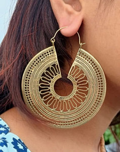 Handmade Gold Intricate Filigree <b>Hoop</b> Earrings <b>Large</b> Tribal Boho Statement Jewelry Women - Product Image 2