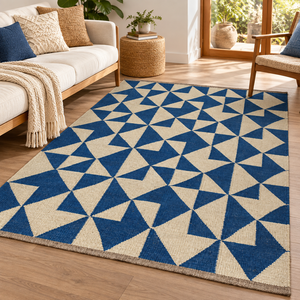 Tapis géométrique bleu beige tissé à la main, tapis moderne bohème à tissage plat pour salon, chambre à coucher, décoration intérieure - Product Image 1