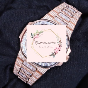 Montre analogique automatique unisexe, cadran carré clouté, ton or rose, moissanite, entièrement sertie de pierres, cadeau pour elle - Product Image 1