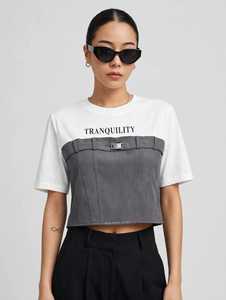 T-shirt à manches longues en velours côtelé écologique pour femme, imprimé Tranquility, coupe courte avec ceinture - Product Image 1