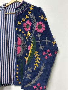Handmade Dark Blue <b>Velvet</b> Suzani Embroidered <b>Jacket</b> with Floral Pattern Full Sleeve Stand Collar Bohemian <b>Women's</b> Winter Coat - Product Image 5