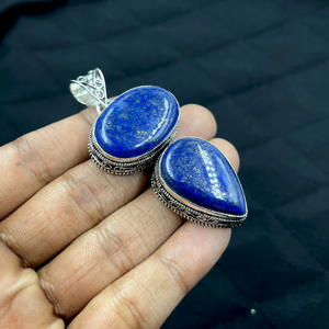 Pendentif en argent avec lapis-lazuli, pierre précieuse bleue ovale en forme de goutte, double pierre, bijou statement, cadeaux vintage bohèmes - Product Image 3