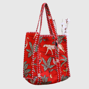 Sac fourre-tout en coton rouge avec imprimé léopard et tropical, style bohème, ouvert en dessus, pour le shopping toutes saisons - Product Image 2