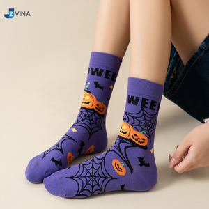 Custom Logo Halloween Crew <b>Socks</b> Purple Cotton Spandex <b>Polyester</b> Men's Breathable Knitted <b>Socks</b> Autumn Pattern Daily Use - Product Image 4