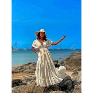 Robe longue blanche bohème pour femme, col en V, sans manches, à volants, taille naturelle, lavable, pour l'été, la plage et les vacances - Product Image 1