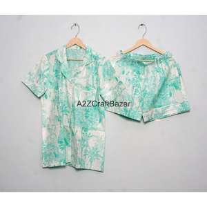 Conjunto de Pijama de Algodón Suave de Lujo Indio para Mujer, Ropa de Dormir Transpirable de Secado Rápido para Verano, Incluye Pantalones Cortos y Camiseta - Product Image 2