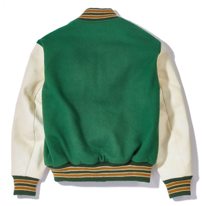 Blouson universitaire vert pour homme avec manches crème, fermeture éclair sur le devant, col rabattable, style Letterman, veste bomber de baseball, vêtement d'extérieur décontracté - Product Image 2
