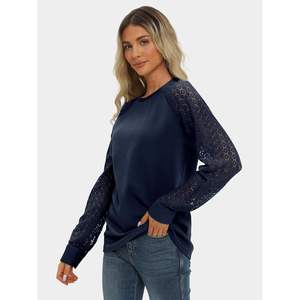 2025 femmes à manches longues marine M Blouses chemises 2024 à la mode hiver tenues mignon basique t-shirt dentelle bateau cou automne affaires chemises - Product Image 2