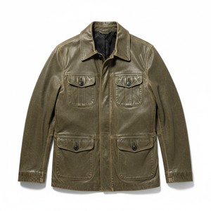 Men's Genuine Leather <b>Jacket</b> Stand Collar Workwear Style Olive Green Four Pockets Regular Fit Autumn <b>Winter</b> <b>Waterproof</b> Windproof - Product Image 6