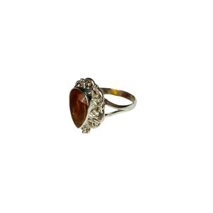 Bague unisexe en argent sterling 925 avec pierre précieuse taille poire, ambrée, motif floral tendance, sertie clos, pour anniversaire et fête - Product Image 2
