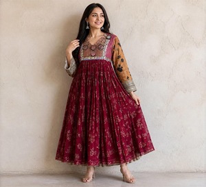 Robe longue afghane imprimée bordeaux avec corsage brodé, manches contrastantes, jupe plissée évasée, tenue ethnique décontractée pour femme - Product Image 3