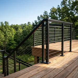 Rampe d'escalier moderne en acier inoxydable noir résistante à l'eau avec câbles horizontaux et poteaux carrés pour la sécurité des escaliers intérieurs à domicile - Product Image 5