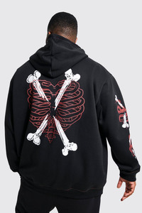 100% Cotton Plus Size Heavyweight Custom Skeleton Heart Embroidered Zipper-Up <b>Black</b> Halloween Men <b>Fleece</b> Print Winter - Product Image 3