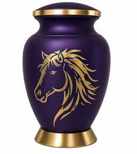 Urna Funeraria Ecológica y Duradera de Estilo Americano con Grabado de Caballo Morado y Negro y Banda Dorada para Guardar Cenizas Humanas - Product Image 5