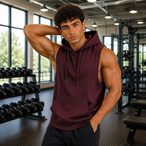 <b>Men</b> <b>Sleeveless</b> Hooded Sweatshirt Olive Green French Terry Casual Gym Wear Pocket Design Regular Fit Autumn Style - Product Image 6