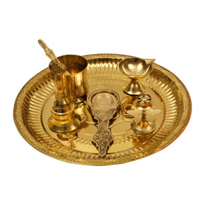 Ensemble de thali de prière Ganesha en laiton avec cloche, Diya, Panchapatra, cuillère et accessoires de Puja traditionnels pour le temple domestique - Product Image 1