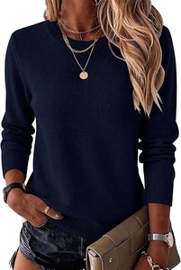 Pull en maille à col rond pour femme, couleur unie, manches longues, décontracté, pour l'automne, 100% acrylique, anti-boulochage, ourlet côtelé - Product Image 4