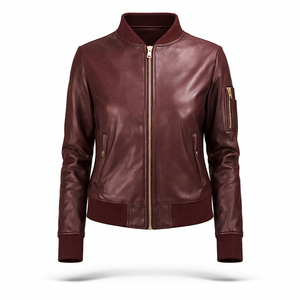 เสื้อแจ็คเก็ตหนังแท้สีน้ำเงินสำหรับผู้หญิง ทรงเข้ารูป คอตั้ง ซิปหน้า คุณภาพพรีเมียม รับผลิตแบบ OEM ODM ขายส่ง สำหรับฤดูใบไม้ร่วงและฤดูหนาว - Product Image 1