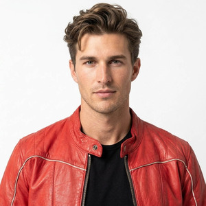 Chaqueta de moto de cuero genuino rojo para hombre, cuello alto, cierre de cremallera, corte regular, color sólido, estilo motero, para otoño - Product Image 2