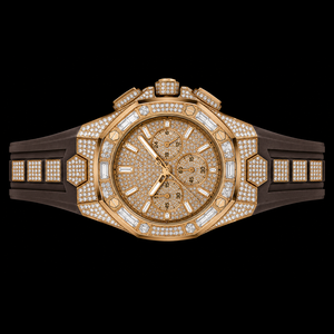 Reloj Cronógrafo con Incrustaciones de Oro, Correa de Caucho Marrón, Bisel con Piedras Baguette, Diseño de Reloj de Pulsera de Lujo para Hombre - Product Image 3