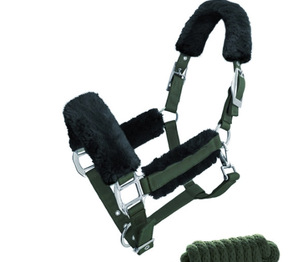 Harnais pour cheval en nylon doublé de polaire verte Divine International, avec accessoires en laiton, modèle DI'NH'003, taille/emballage personnalisé |   Équestre - Product Image 1