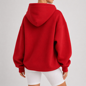 เสื้อฮู้ดโอเวอร์ไซส์สีแดง ผ้าฝ้ายฟลีซสีพื้น สไตล์ลำลอง ใส่ได้ทั้งชายหญิง ทรงพอดีตัว สไตล์ฤดูหนาว มีกระเป๋า ผ้าถัก แห้งเร็ว น้ำหนัก 300 กรัม - Product Image 5
