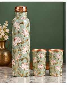 Botella de Agua de Cobre con Diseño Floral Azul Artístico, con Tapa y Juego de 2 Tazas, Vajilla Portátil de Cobre para Viaje - Product Image 4