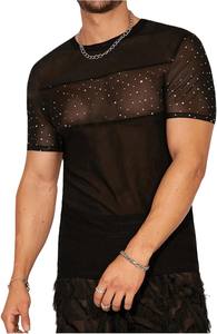 T-shirt en maille transparente avec strass pour hommes, haut sexy transparent et scintillant, tenue de soirée à manches courtes, tenue de soirée à la mode - Product Image 4