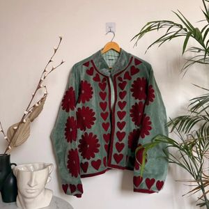 Veste matelassée en velours pour femme avec appliques florales, col mandarin, manches longues, doublure en coton, pour l'hiver et l'automne - Product Image 4