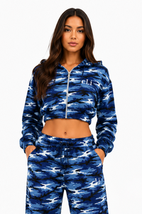 Ensemble de survêtement pour femme avec sweat à capuche court zippé camouflage bleu et pantalon de survêtement large assorti, vêtements personnalisés en gros, collection automne - Product Image 4