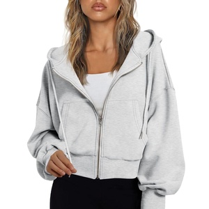Haut court à capuche décontracté 100 % coton personnalisable pour femme, manches longues, respirant, imperméable, faible MOQ, avec logo imprimé sur le devant - Product Image 1