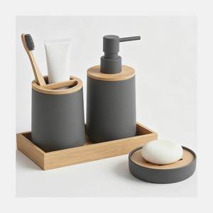 Ensemble de salle de bain en céramique à motif design antique, trois pièces avec base en bois, porte-savon ovale et distributeur pour une décoration de salle de bain moderne - Product Image 2