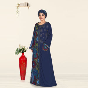 Abaya Kaftan en Rayonne pour Femmes Musulmanes avec Broderie Diamantée, Panneau Imprimé Contrastant, Manches Longues, Style Modeste Dubaï, Robe Maxi Islamique - Product Image 4