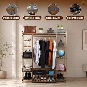 Modern Wood Standing <b>Wardrobe</b> Rack <b>With</b> Five Layers Multifunctional <b>Storage</b> For Clothing <b>Shoes</b> And Accessories - Product Image 3
