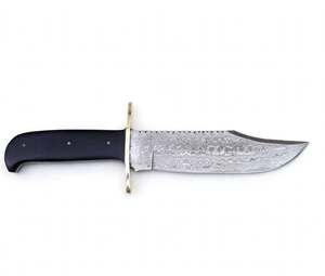 Couteau d'extérieur artisanal en acier Damas, manche en corne noire, double garde en laiton - Product Image 4