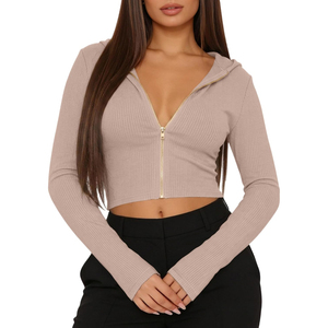 Top Corto con Capucha de Punto Acanalado Beige para Mujer, de Alta Calidad, ODM OEM, Manga Larga, Cierre Frontal con Cremallera, Color Sólido, para Otoño - Product Image 5