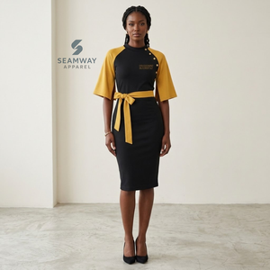 Robe midi moulante noire et or contrastée pour femme NCBW, avec manches cape, détails boutonnés et ceinture ajustée, style décontracté - Product Image 6
