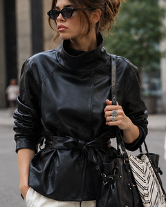 Black PU Leather Crew Neck Hooded Jacket Adjustable Waist <b>Belt</b> Regular Sleeve Solid Color <b>Slim</b> Fit Breathable Quick Dry - Product Image 4