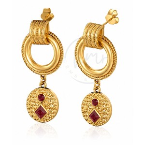 Luxury Gold Plated Ruby Quartz Stud Dangle Earrings for Women Textured Hoop Disc Earrings Handmade <b>Statement</b> Jewelry - Product Image 1