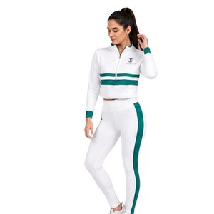 Women’s White and <b>Green</b> Zip Up Track Jacket and Leggings Matching Activewear <b>Set</b> for <b>Gym</b> Fitness Training - Product Image 6