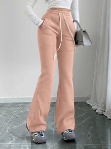 <b>Women</b> High Waist Flared Leg Sweatpants Solid Color Drawstring Full Length Cotton Pants Side Pockets Spring Leisure Bottoms - Product Image 3