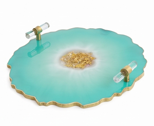 Premium Acme Metal Turquoise <b>Serving</b> <b>Tray</b> With <b>Gold</b> Rim Decorative Round Platter For Home Dining Wedding Events And Restaurant - Product Image 3