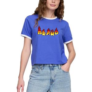 Cheap Price Blue Women's Crop T-<b>Shirt</b> Crew Neck Short Sleeve Loose Fit <b>Flame</b> Logo Print Casual Jersey Cotton Spring Summer Wear - Product Image 1